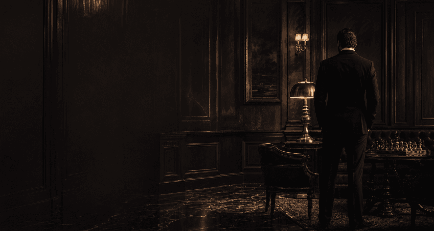 A tailored figure standing in a dark private salon beside a chess table